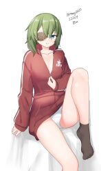 Rule 34 | 1girl, absurdres, black socks, dated, eyepatch, green eyes, green hair, highres, jacket, kantai collection, kiso (kancolle), maru (marg0613), no bra, official alternate costume, one-hour drawing challenge, open clothes, open jacket, panties, red jacket, short hair, simple background, socks, solo, twitter username, underwear, white background, white panties