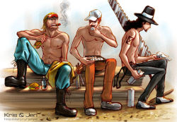 Rule 34 | 3boys, baseball cap, bird, black hair, blonde hair, boots, bottle, chisel, cigar, eating, food, goggles, hat, hattori (one piece), kaku (one piece), long nose, male focus, multiple boys, muscular, one piece, orange hair, paulie, pigeon, rob lucci, saddle shoes, sandwich, saw, topless male, shoes, sitting, smoking, suspenders, tattoo, top hat, water 7