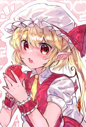 1girl apple ascot blonde_hair crystal crystal_wings flandre_scarlet food fruit hat highres looking_at_viewer mob_cap open_mouth pointy_ears puffy_short_sleeves puffy_sleeves red_eyes red_vest shirt short_hair short_sleeves side_ponytail solo tenryuu_(dmvj5758) touhou upper_body vest wings wrist_cuffs yellow_ascot