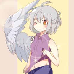 Rule 34 | 1girl, ;(, adapted costume, ahoge, bare arms, blush, buna shimeji (keymush), casual, clothes lift, collared shirt, denim, grey hair, half updo, jeans, kishin sagume, navel, one eye closed, pants, red eyes, shading eyes, shirt, shirt lift, short hair, shoulder tattoo, simple background, single wing, sleeveless, solo, sparkle, sweat, tattoo, touhou, wavy mouth, wince, wings