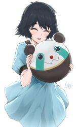 Rule 34 | 1girl, black hair, blue dress, closed eyes, dress, highres, holding, non-web source, shiina mayuri, short hair, short sleeves, signature, smile, solo, steins;gate, stuffed toy, upa (steins;gate), white background
