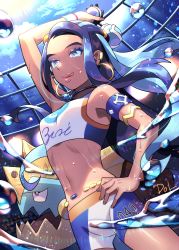 Rule 34 | 1girl, arm up, armlet, belly chain, bike shorts, blue eyeshadow, cloud, commentary request, creatures (company), dark-skinned female, dark skin, day, dive ball, dolustoy, drednaw, earrings, eyelashes, eyeshadow, film grain, game freak, gen 8 pokemon, hand on own hip, highres, holding, holding poke ball, hoop earrings, jewelry, licking lips, looking down, makeup, navel, necklace, nessa (pokemon), nintendo, poke ball, pokemon, pokemon (creature), pokemon swsh, sky, sunlight, tongue, tongue out, wet