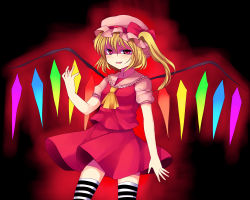 Rule 34 | 1girl, bad id, bad pixiv id, blonde hair, female focus, flandre scarlet, hat, mob cap, ponytail, red eyes, ribbon, short hair, side ponytail, solo, striped clothes, striped thighhighs, subaru (yachika), thighhighs, touhou, wings