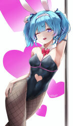 Rule 34 | 1girl, absurdres, animal ears, arm up, armpits, bare shoulders, black leotard, blue eyes, blue hair, breasts, clothing cutout, fake animal ears, fishnet pantyhose, fishnets, hair ornament, hatsune miku, heart cutout, highres, leotard, looking at viewer, one eye closed, pantyhose, playboy bunny, rabbit ears, rabbit hole (vocaloid), small breasts, smile, solo, teardrop facial mark, twintails, vocaloid, vrabius, x hair ornament