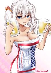 Rule 34 | 10s, 1girl, alcohol, bare arms, bare shoulders, beer, beer mug, blue eyes, breasts, budweiser, cleavage, collarbone, cup, dress, kantai collection, kashima (kancolle), kuro abamu, large breasts, long hair, mug, product placement, silver hair, smile, solo, tsurime, twitter username, two side up