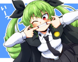 Rule 34 | 1girl, alternate eye color, anchovy (girls und panzer), aono3, black cape, black necktie, black skirt, blue background, breasts, cape, collared shirt, drill hair, girls und panzer, green hair, large breasts, long hair, long sleeves, looking at viewer, mouth pull, necktie, one eye closed, pleated skirt, red eyes, shirt, simple background, skirt, solo, teeth, translation request, twin drills, white shirt