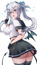 Rule 34 | 1girl, ahoge, aqua bow, ass, black gloves, black horns, black nails, black sailor collar, black skirt, black thighhighs, blue eyes, bow, bracelet, breasts, candy, demon horns, demon tail, earrings, food, from behind, gloves, grey hair, hair between eyes, hair bow, hair ornament, hairclip, highres, hioka h, holding, holding candy, holding food, holding lollipop, horns, indie virtual youtuber, jewelry, large breasts, lollipop, long hair, looking back, open mouth, pointy ears, sailor collar, school uniform, shirt, skirt, solo, symbol-shaped pupils, tail, teeth, thighhighs, tongue, twintails, upper teeth only, vei (vtuber), vei (vtuber) (11th costume), virtual youtuber, white shirt