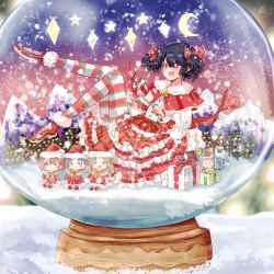 Rule 34 | 1girl, black hair, boots, bow, candy, candy cane, capelet, character doll, christmas, crystal ball, drawfag, fangs, food, frilled skirt, frills, fukumaru koito, gift, hair bow, high heel boots, high heels, highres, idolmaster, idolmaster shiny colors, layered skirt, looking at viewer, open mouth, pantyhose, purple eyes, santa costume, sitting, skin fangs, skirt, snow, solo, striped clothes, striped pantyhose, twintails