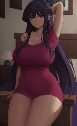 Rule 34 | 1girl, arm up, armpits, bed, breasts, cleavage, closed mouth, collarbone, commentary, covered navel, english commentary, highres, indoors, komi-san wa komyushou desu, komi shouko, lamp, large breasts, long hair, looking at viewer, off shoulder, purple eyes, purple hair, single bare shoulder, solo, thighs, zaphn