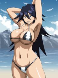 Rule 34 | 1girl, absurdres, armpits, arms behind head, bikini, black hair, blue eyes, boku no hero academia, breasts, cleavage, grin, highres, large breasts, long hair, looking at viewer, midnight (boku no hero academia), mouth hold, no mask, seductive smile, smile, solo, swimsuit, teasing, thighs, underboob, untied bikini
