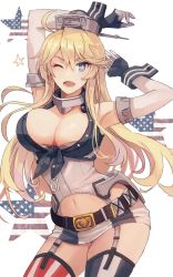 Rule 34 | 1girl, ahoge, american flag legwear, arm over head, armpit peek, asymmetrical legwear, bare shoulders, belt, blonde hair, blue eyes, breasts, brown belt, cleavage, collarbone, contrapposto, cowboy shot, elbow gloves, garter straps, gloves, hair between eyes, headgear, highres, iowa (kancolle), kantai collection, kasumi (skchkko), large breasts, long hair, looking at viewer, mismatched legwear, navel, one eye closed, open mouth, shirt, sidelocks, smile, solo, star-shaped pupils, star (symbol), symbol-shaped pupils, thighhighs, thighs, tied shirt, tsurime, two-tone gloves, two-tone skirt, white background