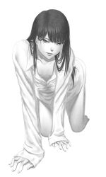Rule 34 | 1girl, absurdres, all fours, black hair, bleachist, bottomless, fingernails, greyscale, highres, hirotaka, long hair, looking at viewer, monochrome, naughty face, open clothes, open shirt, original, shirt, solo