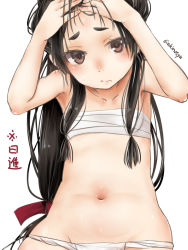 Rule 34 | 1girl, akino shuu, black hair, breasts, brown eyes, hair censor, hair ornament, hair over breasts, high ponytail, kantai collection, long hair, looking at viewer, navel, nisshin (kancolle), ribbon, simple background, small breasts, solo, thick eyebrows, underwear, very long hair, white background