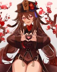 Rule 34 | 1girl, absurdres, black hat, black shorts, blurry, blush, branch, bright pupils, brown coat, brown hair, coat, coattails, commission, cowboy shot, depth of field, flower, flower-shaped pupils, genshin impact, hair between eyes, hat, hat flower, hat tassel, heart, heart hands, highres, hu tao (genshin impact), jewelry, kuromu shado, long hair, long sleeves, looking at viewer, multiple rings, open mouth, pixiv commission, plum blossoms, porkpie hat, red eyes, red flower, red shirt, ring, shirt, short shorts, shorts, smile, solo, symbol-shaped pupils, tassel, thumb ring, twintails, very long hair, white background, white pupils