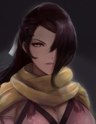 Rule 34 | 1girl, black hair, breasts, fire emblem, fire emblem fates, hair over one eye, kagero (fire emblem), large breasts, leonmandala, long hair, looking at viewer, nintendo, ponytail, portrait, purple eyes, scarf