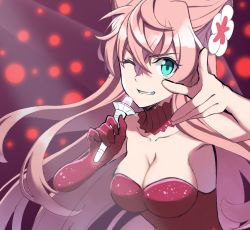 Rule 34 | 1girl, armpits, asymmetrical gloves, breasts, choker, cleavage, collarbone, dress, elbow gloves, floating hair, flower, gloves, green eyes, grin, hair between eyes, hair flower, hair ornament, highres, holding, holding microphone, idol, index finger raised, long hair, looking at viewer, maria cadenzavna eve, medium breasts, microphone, one eye closed, pink hair, red choker, red dress, red gloves, senki zesshou symphogear, single glove, sleeveless, sleeveless dress, smile, solo, stage, strapless, strapless dress, ueyasu, uneven gloves, upper body, white flower