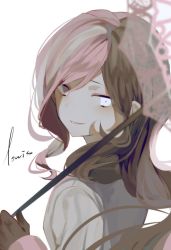 Rule 34 | 1girl, black gloves, blush, bodysuit, commentary request, gloves, grin, heterochromia, long hair, long sleeves, looking at viewer, louis006c, multicolored hair, neo politan, pink sleeves, rwby, shirt, signature, simple background, smile, solo, streaked hair, two-tone hair, umbrella, white shirt