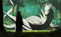 Rule 34 | claws, dragon, fantasy, fighting stance, forest, grass, holding, holding sword, holding weapon, hooded robe, looking at another, nature, original, robe, shade, standing, sword, wasabi60, weapon, wyvern