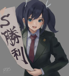 Rule 34 | 1girl, alternate costume, artist logo, black hair, blazer, blue eyes, collared shirt, commentary request, dress shirt, green jacket, grey background, hair ribbon, haruto (harut n), jacket, kantai collection, long hair, necktie, one-hour drawing challenge, red necktie, ribbon, school uniform, scroll, shirt, simple background, smile, solo, souryuu (kancolle), twintails, upper body, white shirt