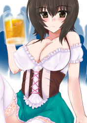 Rule 34 | 10s, 1girl, :|, alcohol, alternate costume, bare shoulders, beer, beer mug, blouse, blurry, blurry background, blush, breasts, brown eyes, brown hair, cleavage, closed mouth, commentary, corset, covered erect nipples, crowd, cup, dirndl, frilled skirt, frills, german clothes, girls und panzer, green skirt, holding, large breasts, looking at viewer, miniskirt, mug, nishizumi maho, off shoulder, oktoberfest, shirt, short hair, short sleeves, sitting, skirt, solo, soushin souma, thighhighs, upper body, white shirt, white thighhighs