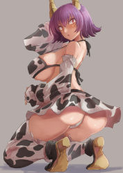 Rule 34 | 1girl, alternate costume, animal print, ass, bikini, black footwear, blush, breasts, chinese zodiac, commentary request, cow horns, cow print, fake horns, full body, grey background, high heels, highres, horns, kneeling, large breasts, looking at viewer, looking back, miniskirt, open mouth, panties, print bikini, print skirt, print sleeves, print thighhighs, purple hair, red eyes, short hair, simple background, skirt, solo, swimsuit, thighhighs, touhou, underwear, white panties, yasaka kanako, year of the ox, yohane