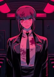 Rule 34 | 1girl, artist name, black coat, black necktie, black pants, blood, blood on clothes, blood on face, chainsaw man, claireiosity, coat, collared shirt, formal, highres, looking at viewer, makima (chainsaw man), medium hair, necktie, pants, pink theme, red eyes, red hair, ringed eyes, shirt, shirt tucked in, solo, suit, train interior, white shirt