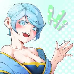 Rule 34 | blue eyes, blue hair, blush, breasts, cleavage, collarbone, large breasts, league of legends, lolboja, open mouth, short hair, sona (league of legends)