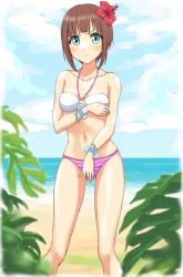 Rule 34 | 10s, 1girl, ayase eli, ayase eli (cosplay), beach, bikini, blue eyes, bracelet, brown hair, cloud, cosplay, covering crotch, covering one breast, covering privates, day, flower, hair flower, hair ornament, halterneck, hibiscus, highres, jewelry, kosaka yukiho, love live!, love live! school idol project, o-ring, o-ring top, ocean, outdoors, short hair, sky, solo, standing, striped bikini, striped clothes, swimsuit, tetopetesone, water