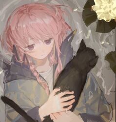 Rule 34 | 1girl, animal, black cat, blue eyes, blue jacket, braid, cat, from above, hair over shoulder, heim, highres, holding, holding animal, holding cat, hood, hood down, hooded jacket, jacket, kaf (kamitsubaki studio), kamitsubaki studio, lily pad, long sleeves, looking at another, lying, medium hair, messy hair, multicolored eyes, on back, open clothes, open jacket, partially submerged, pink hair, pond, red eyes, shirt, solo focus, upper body, virtual youtuber, white shirt