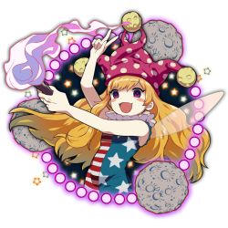Rule 34 | 1girl, american flag dress, bare arms, blonde hair, blush stickers, clownpiece, danmaku, denim2, dress, fairy wings, fire, hat, jester cap, long hair, moon, neck ruff, open mouth, pale skin, polka dot, purple eyes, sleeveless, sleeveless dress, smile, solo, star (symbol), star print, striped clothes, striped dress, torch, touhou, transparent background, v, very long hair, wings