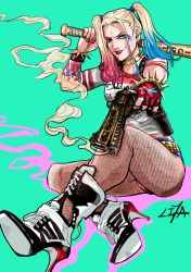 Rule 34 | 1girl, baseball bat, batman (series), blonde hair, boots, breasts, colored tips, dc comics, fishnets, grin, gun, harley quinn, high heel boots, high heels, lipstick, makeup, multicolored hair, pantyhose, short shorts, shorts, sitting, smile, solo, suicide squad, twintails, weapon