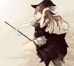 Rule 34 | 1girl, :o, bad id, bad pixiv id, blonde hair, blue eyes, broom, broom riding, dress, female focus, flying, gradient background, hand on headwear, hat, kirisame marisa, long hair, makai no juumin, ribbon, solo, touhou, witch, witch hat