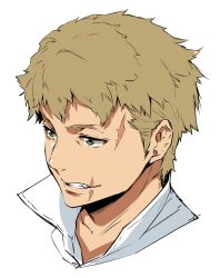 Rule 34 | 1boy, blonde hair, collared shirt, commentary request, copyright request, enami katsumi, fang, green eyes, grin, highres, male focus, popped collar, portrait, scar, shirt, simple background, smile, solo, white background, white shirt