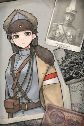 Rule 34 | 1boy, 1girl, :&lt;, absurdres, belt, black belt, black hair, blue jacket, brown eyes, closed mouth, fengtian, hat, hearts of iron, highres, jacket, kaiserreich, looking at viewer, military, military hat, military uniform, pouch, pzkpfwi, short hair, star (symbol), uniform