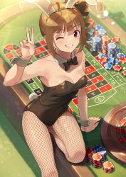 Rule 34 | 1girl, ;d, ahoge, animal ear hairband, animal ears, arm support, arm up, ball, bare arms, bare shoulders, black bow, black bowtie, black hairband, black leotard, blunt bangs, blurry, blurry background, blush, bow, bowtie, breasts, brown hair, casino, cleavage, collarbone, commentary request, covered navel, cup, depth of field, detached collar, drill hair, drinking glass, fake animal ears, fake tail, feet out of frame, fingernails, fishnet pantyhose, fishnets, from above, grin, hair bow, hairband, hand on table, highres, holding, holding ball, idolmaster, idolmaster million live!, indoors, kamille (vcx68), leg up, lens flare, leotard, looking at viewer, looking up, medium breasts, nail polish, on table, one eye closed, open mouth, pantyhose, pink nails, playboy bunny, poker chip, purple eyes, rabbit ear hairband, rabbit ears, rabbit tail, roulette, roulette table, shadow, short hair, side ponytail, sidelocks, smile, solo, sparkle, standing, standing on one leg, strapless, strapless leotard, table, tail, v, wrist cuffs, yokoyama nao