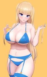 Rule 34 | 1girl, :o, bad id, bad pixiv id, bare shoulders, bikini, blonde hair, blue bikini, blue eyes, blue garter belt, blue garter straps, blunt bangs, blush, borrowed character, breasts, cleavage, collarbone, covered erect nipples, cowboy shot, curvy, garter straps, hands up, head tilt, heart o-ring, heart ring top, highres, holding, holding own hair, huge breasts, lina (michihasu), long hair, looking at viewer, multicolored eyes, navel, nayutayutautau, original, purple eyes, simple background, solo, strap gap, striped clothes, striped thighhighs, swimsuit, thighhighs, tsurime, two side up, underboob, vertical-striped clothes, vertical-striped thighhighs, very long hair, yellow background