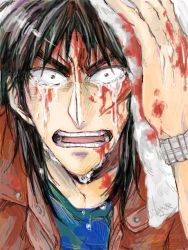 Rule 34 | 1boy, black hair, blood, blouse, blue shirt, close-up, itou kaiji, kaiji, male focus, official style, open mouth, shirt, solo, spoilers, tears, tegaki, v-shaped eyebrows