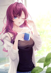 Rule 34 | 1girl, :3, absurdres, ahoge, black shirt, blue eyes, breasts, brown hair, cup, highres, holding, holding cup, ichinose shiki, idolmaster, idolmaster cinderella girls, long hair, looking at viewer, medium breasts, morning, mug, off-shoulder shirt, off shoulder, one eye closed, open clothes, open shirt, plant, shirt, solo, spaghetti strap, upper body, wavy hair, white shirt, yanato (e-huxe)