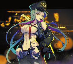 Rule 34 | 1girl, abs, absurdres, aqua hair, belt, black hat, black jacket, black pants, breasts, character name, cleavage, clothes pull, crop top, cuffs, english text, fp-6 (girls&#039; frontline), girls&#039; frontline, hair ornament, hairclip, handcuffs, hat, highres, holding, holding handcuffs, jacket, jacket pull, long hair, looking at viewer, medium breasts, military hat, mouth hold, nail polish, navel, open clothes, open jacket, pants, peaked cap, police, police uniform, policewoman, purple nails, ryuu tou, solo, sports bra, suspenders, tank top, uniform, upper body, whistle, white sports bra, white tank top, yellow eyes