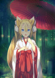 Rule 34 | 1girl, :o, animal ears, blonde hair, blue eyes, bow, commentary request, cowboy shot, fang, forest, fox ears, fox girl, fox tail, green background, hair between eyes, hair ribbon, hakama, hakama skirt, hands up, holding, holding umbrella, japanese clothes, kimono, long hair, looking at viewer, miko, nature, nazuka (mikkamisaki), oil-paper umbrella, open mouth, original, outdoors, red bow, red hakama, red ribbon, ribbon, sidelocks, skirt, solo, standing, tail, tombstone, twintails, umbrella, white kimono, white ribbon, wide sleeves
