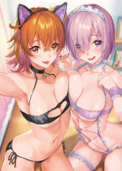 Rule 34 | 2girls, animal ears, armpits, bare arms, bare shoulders, bell, black hairband, black neckwear, blush, breast press, breasts, choker, cleavage, collarbone, cowboy shot, fake animal ears, fate/grand order, fate (series), frills, from above, fujimaru ritsuka (female), hairband, headdress, indoors, large breasts, lingerie, mash kyrielight, multiple girls, nail polish, navel, neck bell, open mouth, orange hair, pink hair, sage joh, short hair, smile, thigh strap, underwear, white headwear
