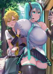 Rule 34 | 1boy, 1girl, absurdres, alternate breast size, aqua eyes, aqua hair, aqua necktie, arm around waist, bag, bare shoulders, black shorts, black skirt, black sleeves, black thighhighs, blonde hair, blush, grabbing another&#039;s breast, breasts, cellphone, closed mouth, cowboy shot, day, detached sleeves, embarrassed, facominn, fingernails, grabbing, hand on another&#039;s hip, hatsune miku, headset, highres, holding, holding bag, holding phone, huge breasts, kagamine len, long hair, looking at phone, microphone, midriff peek, miniskirt, nail polish, necktie, number tattoo, open mouth, panties, pantyshot, phone, pleated skirt, sailor collar, shirt, shopping bag, short hair, shorts, skirt, sleeveless, sleeveless shirt, tattoo, thighhighs, thighs, twintails, underwear, very long hair, vocaloid, walking, white shirt, yellow eyes, yellow necktie, zettai ryouiki