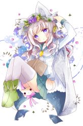 Rule 34 | 1girl, :o, animal ears, arm up, bad id, bad pixiv id, blush, book, boots, bow, brooch, brown hair, cat ears, cloak, clover, commentary, curly hair, fake animal ears, flower, full body, green footwear, green skirt, hair flower, hair ornament, head tilt, highres, holding, jewelry, lace trim, long hair, long sleeves, looking at viewer, magic circle, open book, original, parted lips, pink bow, pink ribbon, pleated skirt, pocket watch, purple eyes, ribbon, school uniform, serafuku, shirt, sitting, skirt, solo, thighhighs, tsukiyo (skymint), veil, watch, white shirt, white thighhighs
