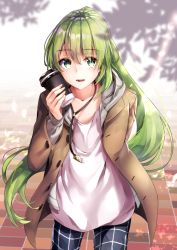 Rule 34 | 1boy, :d, arm behind back, black pants, blush, brown coat, casual, coat, collarbone, cowboy shot, cup, dappled sunlight, disposable cup, enkidu (fate), fate/strange fake, fate (series), glint, green eyes, green hair, hane yuki, highres, holding, holding cup, long hair, long sleeves, male focus, open clothes, open coat, open mouth, pants, shirt, smile, standing, sunlight, tile floor, tiles, trap, unbuttoned, very long hair, white shirt
