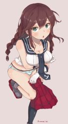 Rule 34 | 1girl, :o, arm under breasts, asymmetrical legwear, blue panties, blush, boots, braid, breasts, brown hair, cleavage, collarbone, embarrassed, frown, garter straps, gloves, green eyes, hand on own chest, highres, holding, holding clothes, holding skirt, kantai collection, large breasts, leg up, long hair, noshiro (kancolle), open mouth, panties, pink background, pleated skirt, rudder footwear, school uniform, serafuku, simple background, single thighhigh, skirt, unworn skirt, solo, sweatdrop, swept bangs, thighhighs, twin braids, twitter username, underwear, uneven legwear, wasumi kei, white gloves