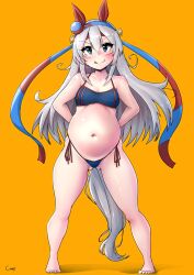 Rule 34 | 1girl, :q, animal ears, arms behind back, big belly, bikini, blue eyes, blush, breasts, closed mouth, commentary request, dot nose, full body, gluteal fold, grey hair, hair between eyes, hairband, head tilt, highres, legs apart, long hair, looking at viewer, navel, orange background, shadow, shigekikkusu, side-tie bikini bottom, sidelocks, signature, simple background, small breasts, solo, standing, straight-on, swimsuit, tail, tamamo cross (umamusume), thick thighs, thighs, tongue, tongue out, umamusume