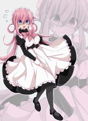 Rule 34 | 1girl, alternate hairstyle, apron, black dress, black footwear, black thighhighs, blue eyes, blush, bocchi the rock!, bow, breasts, closed mouth, dress, gotoh hitori, hair between eyes, hair rings, highres, large breasts, long dress, long hair, low twintails, maid, maid apron, maid headdress, nervous, nervous smile, nervous sweating, open mouth, outline, pink bow, pink hair, shaded face, sidelocks, smile, solo, sweat, thighhighs, torikoboshi, twintails, white background, white outline, zoom layer