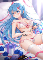 Rule 34 | 1girl, bare shoulders, blue eyes, blue flower, blue hair, box, bra, breasts, chocolate, cleavage, collarbone, commentary request, cuffs, flower, frills, front-tie bra, gift, gift box, groin, hair between eyes, hair ornament, handcuffs, large breasts, long hair, looking at viewer, naomi (fantasia), navel, panties, pillow, pink ribbon, re:zero kara hajimeru isekai seikatsu, reclining, rem (re:zero), ribbon, rose, see-through, side-tie panties, solo, stomach, strap slip, thighhighs, thighs, underwear, underwear only, very long hair, white bra, white panties, x hair ornament