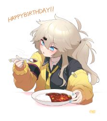 Rule 34 | 1girl, antenna hair, armband, black armband, black shirt, blowing on food, blue eyes, blue nails, blush, brown hair, cardigan, curry, curry rice, food, hair ornament, hairclip, happy birthday, highres, holding, holding plate, holding spoon, jewelry, kasukabe tsumugi, long hair, long sleeves, loose necktie, magatama, magatama necklace, marutsubo, mole, mole under eye, necklace, necktie, off shoulder, one side up, open cardigan, open clothes, open mouth, plate, rice, scrunchie, shirt, signature, simple background, solo, spoon, steam, table, upper body, voicevox, white background, wrist scrunchie, yellow cardigan, yellow necktie