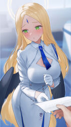 Rule 34 | 1girl, ayumu (blue archive), black wings, blue archive, blue necktie, blurry, blurry background, blush, breasts, commentary request, dress, facial mark, forehead mark, gloves, green eyes, half gloves, halo, highres, jfjf, large breasts, long hair, looking to the side, necktie, solo focus, very long hair, white dress, white gloves, wings